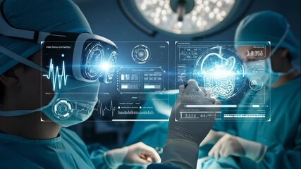 Surgeon using virtual reality headset during heart surgery. Man in operating room manipulating holographic organ display. Augmented reality medical technology for innovative procedures. - Powered by Adobe