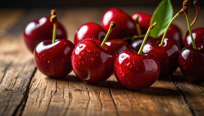 Fresh Cherries on Wood.