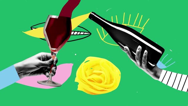 Eye-catching ad. Graphic collage poster with wine glass bottle and fruit accents. Concept of food and beverage marketing, lifestyle branding, editorial storytelling, menu visuals, and promotions.