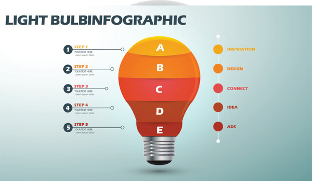 5 Steps Light Bulb Infographic Template. Modern Business Flow Chart with A-E Segments and Vertical List for Inspiration, Design, and Idea Presentation. Professional Vector Illustration