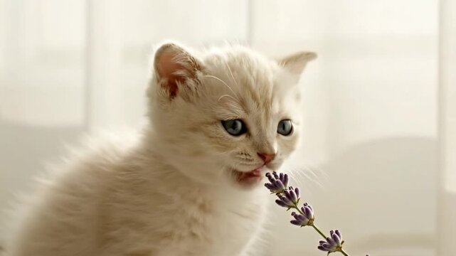 A white kitten sniffs a sprig of lavender in a bright, airy room with soft natural light.