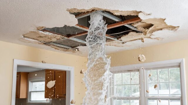 A large hole in the ceiling with water pouring through, causing damage and debris to fall.
