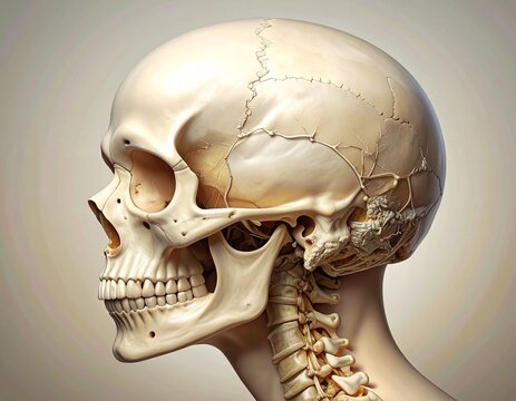 Detailed profile view of a human skull and upper cervical spine, showcasing intricate anatomical bone structure.