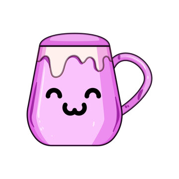 Cute purple mug character with a happy uwu face, showcasing a sweet beverage with white cream foam dripping over the rim, representing comfort and cheerfulness