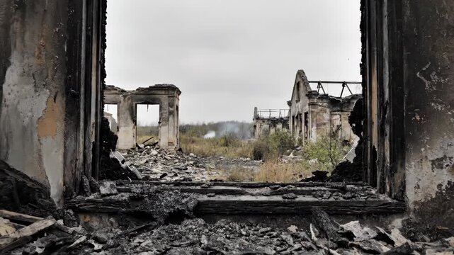 Dolly shot through a charred, broken window of a burnt-out building. Ruined architecture and desolate landscape after war or disaster. Aftermath of destruction