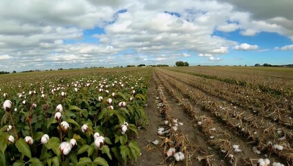 beautiful 60 frames per second 4K video showcasing truly vast meticulously cultivated cotton field clearly illustrating both pre harvest and post harvest stages of crop all set against classic