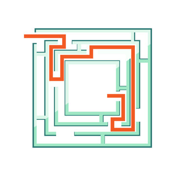 Simple flat design illustration depicting a labyrinth with an orange line indicating the successful solution, symbolizing problem solving, guidance, and strategic achievement