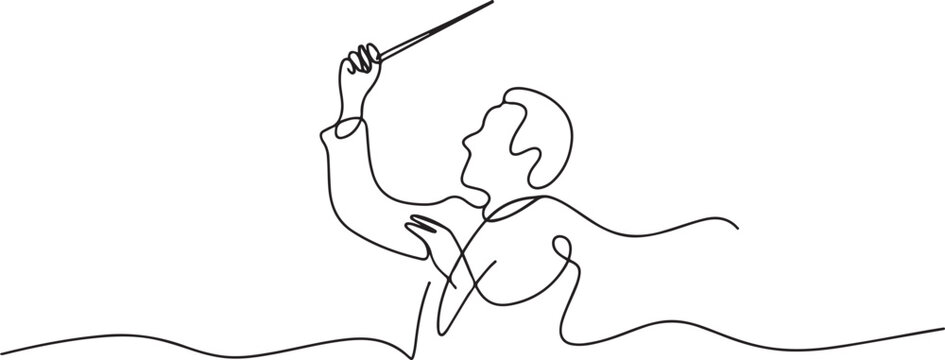 continuous line drawing of orchestra conductor. single line drawing of orchestra leader's hand holding baton. one line Icon drawing