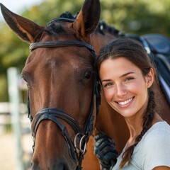 Fototapeta premium Smiling Young Woman Hugging Brown Horse with Bridle Outdoor