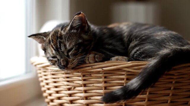A tortoiseshell cat resting in a wicker basket by a window with a shallow depth of field and warm natural light conveying a peaceful mood.