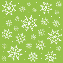 雪の結晶シームレスパターン（グリーン）ー 白いスノーフレークが映える爽やかなグリーンの北欧風背景。デザインペーパー、マスキングテープ、マスキングシールブック、フレークシール、手帳デコ素材、ノート表紙、ハンカチ、箸、マグカップ、皿、キッチンクロス、キッチン雑貨、ポーチ等に最適。