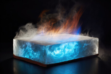 Block of blue glowing aerogel frozen material emitting ethereal steam smoke black background showcasing mysterious scientific reaction heat insulation property and cold temperature laboratory