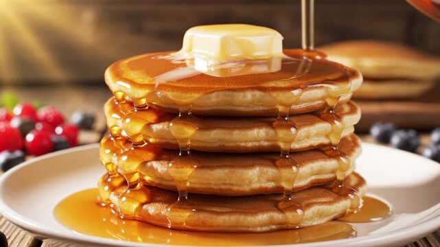 Fluffy pancake stack with melting butter and maple syrup drizzle over golden layers, warm breakfast brunch glow with berries, close up plated serving inviting morning scene