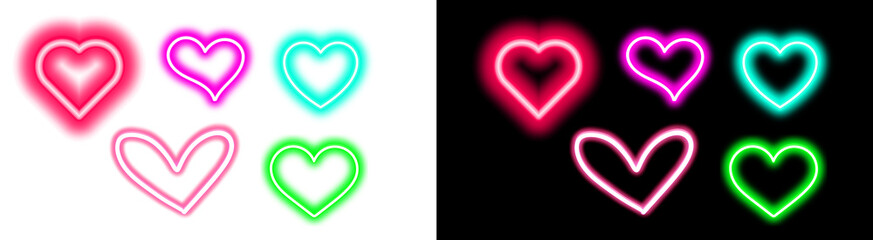 collection of vibrant neon glow heart icons in various pink, cyan, and green shades on transparent background © NURUN