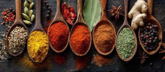 Colorful Spices in Wooden Spoons on Dark Surface Overhead