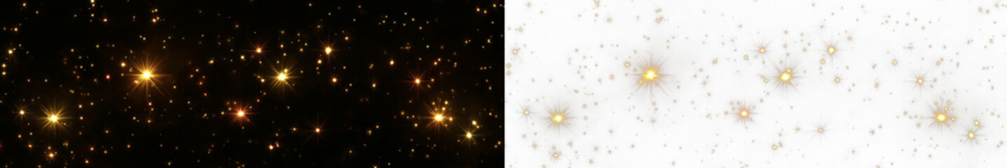 Radiant golden dust glows with sparkle, glitter, shimmer, twinkle across blurred bokeh, surrounded by sparks, luminous highlights, soft lens flare for Christmas and New Year mood. PNG. © Freesstock