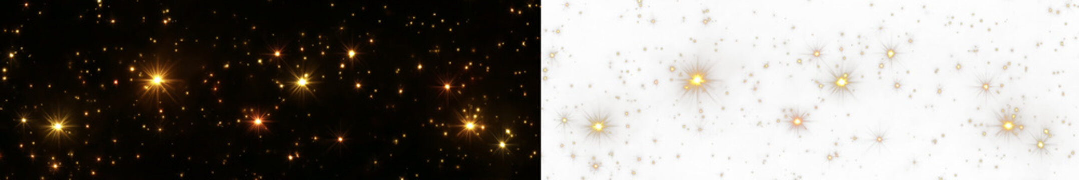 Radiant golden dust glows with sparkle, glitter, shimmer, twinkle across blurred bokeh, surrounded by sparks, luminous highlights, soft lens flare for Christmas and New Year mood. PNG.