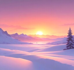 Obraz premium Minimal New Year winter background, snow-covered hills, sunrise glow, soft gradients, peaceful mood