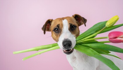 Dog holding a bouquet of tulips in his teeth on a pink background. Spring card for Valentine's Day, Women's Day