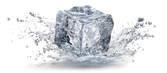 Clear Ice Cube Splashing in Water on White Background