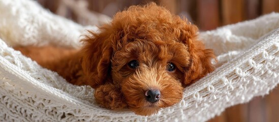 Cute Red Puppy Relaxing in Cream Knitted Hammock