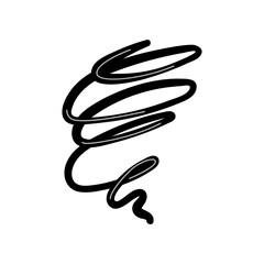 Black line illustration of a swirling tornado vortex, minimalist spiral and loop line art conveying motion, energy, rotation and stormy wind in a simple black and white vector style