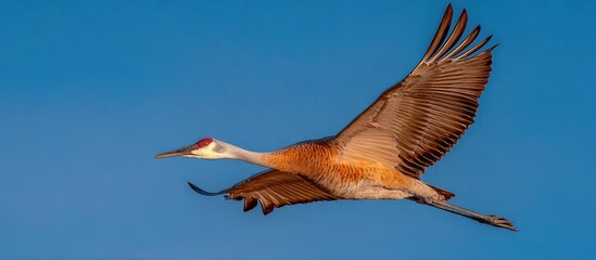 Naklejka premium Elegant Sandhill Crane Flying Against Vivid Blue Sky