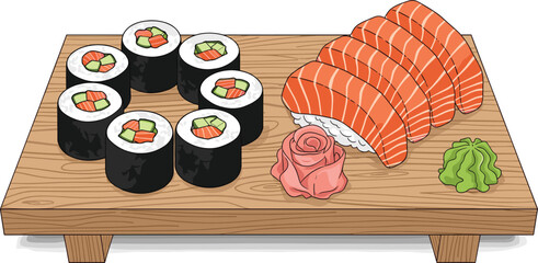 Sushi board illustration, maki rolls, salmon nigiri, Japanese cuisine, food art, wooden platter, wasabi garnish, traditional dish, seafood presentation © Afjal