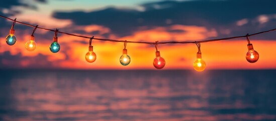 Festive String Lights Glowing Against a Colorful Sunset Seascape