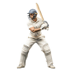 Fototapeta premium Focused professional cricket batsman wearing full white uniform and helmet holding his wooden bat ready to play a shot on transparent background