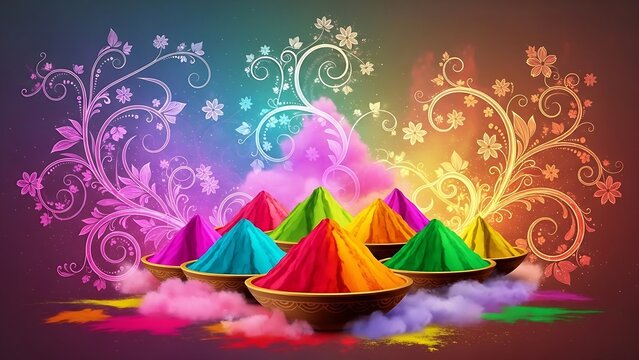 Vibrant Gulal Powder in Bowls with Festive Floral Background for Holi