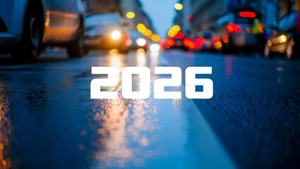 2026 text overlay on a wet city street with car lights and bokeh effect.
