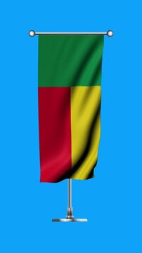 Realistic Standing Vertical  Wavy Flag Banner of BENIN on Metallic Pole with Loop Animation