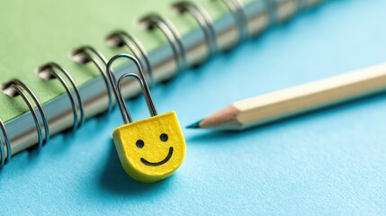 Smiling Clip on Green Notebook with Pencil on Light Blue Background