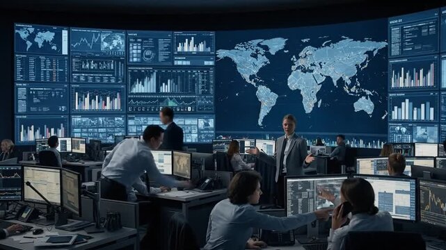 Newsroom reporters coordinating global coverage on massive digital screens.