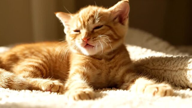 A serene orange tabby cat lying on a plush white blanket with warm sunlight casting a cozy glow, eyes slightly closed.