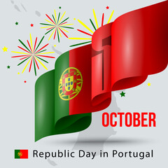 Banner, greeting card for Republic Day. Wavy Portuguese flag in honor of the national holiday on October 5th. Greeting card, banner, and vector illustration for Republic Day in Portugal