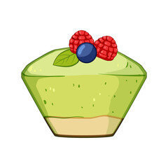 Green matcha flavored dessert showcasing a creamy texture and layered base, garnished with red raspberries, a blue blueberry, and a vibrant green mint leaf, all against a clean white background © PikePicture