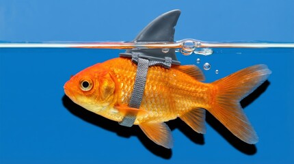 Goldfish swimming underwater wearing fake shark fin on back in blue water