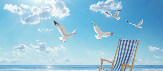 Seagull Birds Flying Above Beach Chair Under Bright Blue Sky