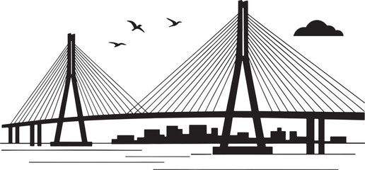 Modern Cable Stayed Bridge Silhouette with City Skyline &ndash; Minimal Vector Illustration