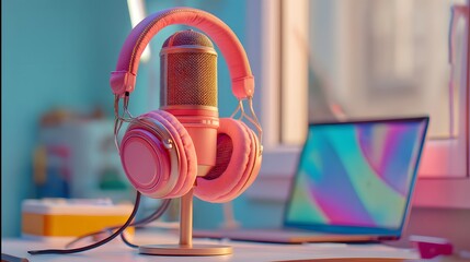 Pink microphone sits on a stand next to a laptop computer. The scene suggests a creative or artistic atmosphere, possibly related to music or podcasting