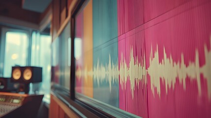 Colorful wall with a pink and blue waveform on it. The wall is decorated with a variety of colors and patterns