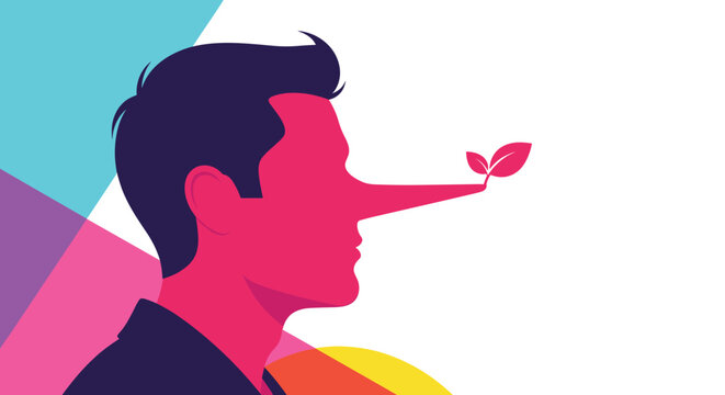 Profile silhouette of a man with an elongated nose featuring a small green sprout symbolizing lies, hidden truth, and personal growth.