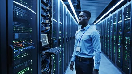 Black IT specialist working on a server in a data center. Male network administrator running diagnostics on computer hardware. Information technology and cybersecurity concept - Powered by Adobe