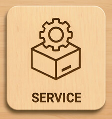 Wooden Service Icon with Cogwheel and Package Box Symbol for Business Maintenance and Logistics Concepts