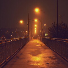 Illuminated Bridge at Night with Streetlights and Wet Surface