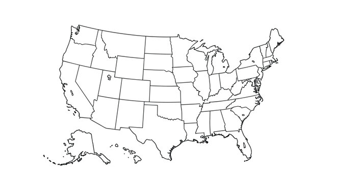 Detailed black and white outline map of the United States showing all state borders including Alaska and Hawaii islands.