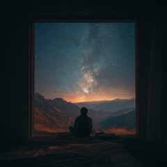 Person Meditating Gazing at Starry Night Sky Mountain View From Dark Room
