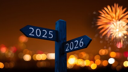Signpost pointing to 2025 and 2026 with fireworks and city lights bokeh background